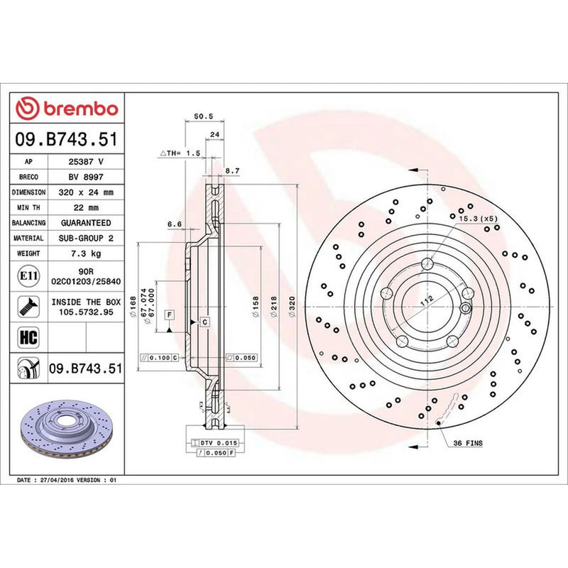 Brembo Rear Brake Perforated/Vented Discs & Pads fits Mercedes-Benz Sl 2012-2020