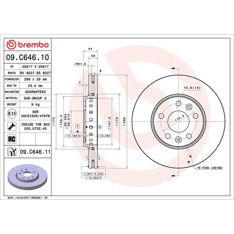 Brembo 2 x Internally Vented Front Brake Discs 09.C646.11-x2