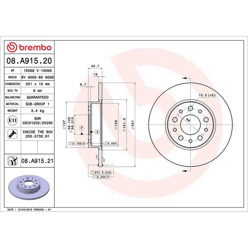 Brembo 2 x Solid Rear Brake Discs 08.A915.21-x2