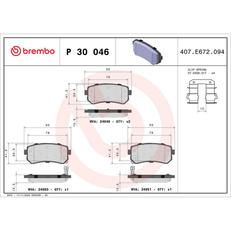 Brembo 4 x Rear Brake Pad Set fits Hyundai I20 I 2008-2015 1.1 1.2 1.4 1.6