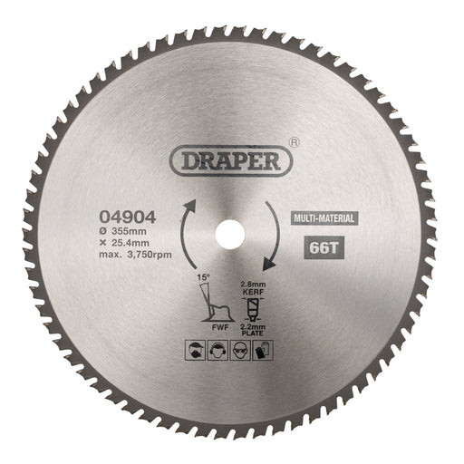 Draper TCT Multi-Purpose Circular Saw Blade, 355 x 25.4mm, 66T 04904 Draper - Dynamic Drive