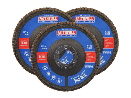 Faithfull Aluminium Oxide Flap Disc 115 x 22mm 120 Grit (3 Pack) Faithfull - NN4 Online