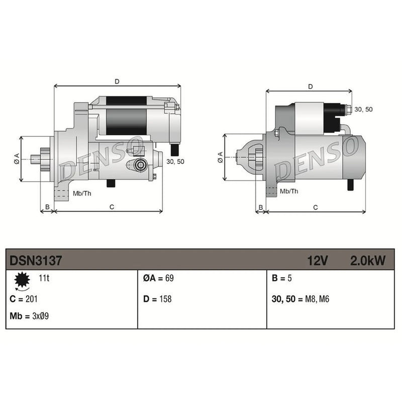 Denso Starter Motor 12V 2kW 11 Teeth fits BMW 1 2004-2013