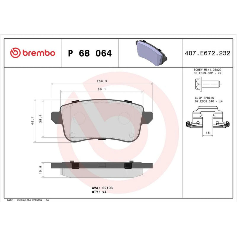 Brembo 4 x Rear Brake Pad Set fits Mitsubishi Asx 2023 on 1.6