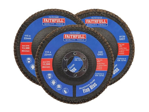 Faithfull Aluminium Oxide Flap Disc 115 x 22mm Mixed Grit (3 Pack) Faithfull - NN4 Online