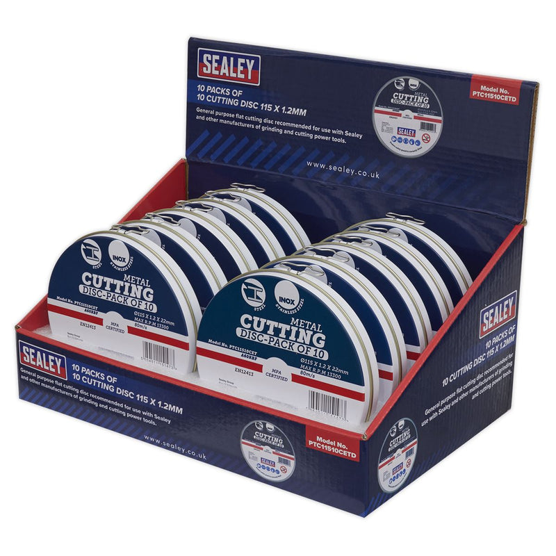Sealey Cutting Disc 115 x 1.2mm Display Box 10 Packs of 10 PTC11510CETD Sealey  - Dynamic Drive