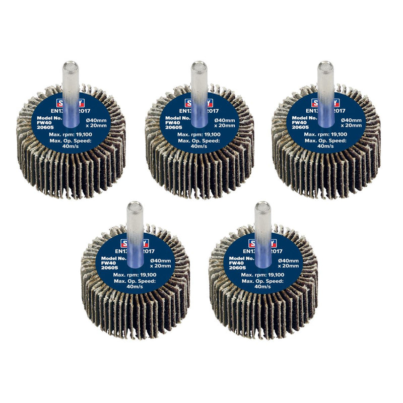 Sealey 40 x 20mm Abrasive Flap Wheel on 6mm Shaft 60Grit - Pack of 5 FW4020605 Sealey - Dynamic Drive