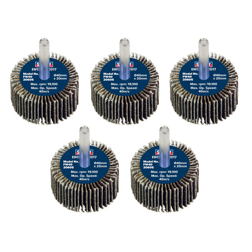 Sealey 40 x 20mm Abrasive Flap Wheel on 6mm Shaft 60Grit - Pack of 5 FW4020605 Sealey - Dynamic Drive