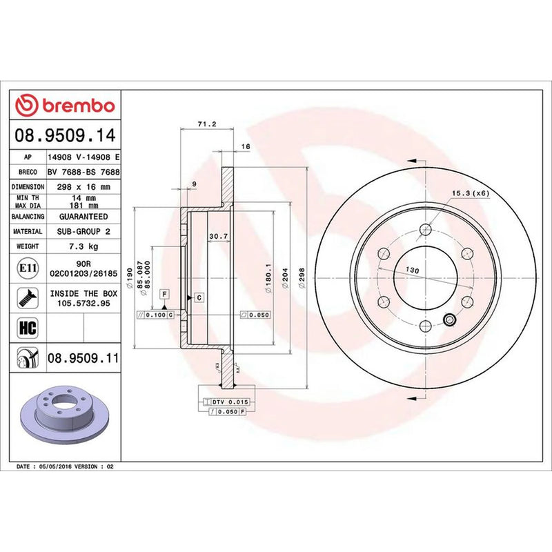 Brembo 2 x Solid Rear Brake Discs 08.9509.11-x2