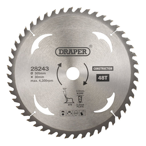 Draper TCT Construction Circular Saw Blade, 305 x 30mm, 48T 28243 Draper - Dynamic Drive