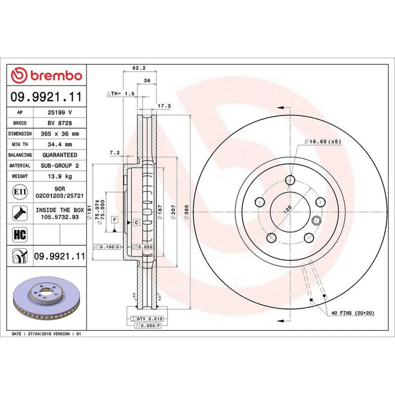 Brembo 2 x Internally Vented Front Brake Discs 09.9921.11-x2