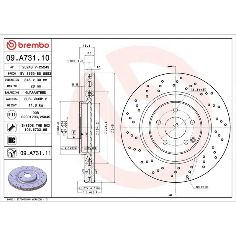 Brembo 2 x Perforated/Vented Front Brake Discs 09.A731.11-x2