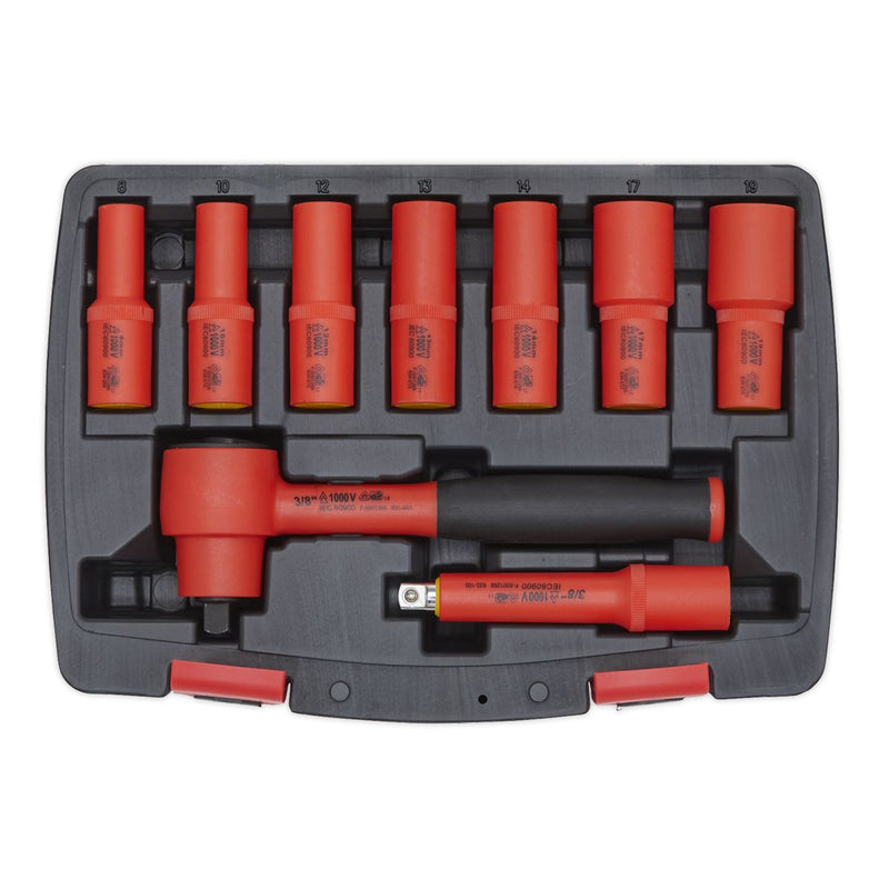 Sealey Insulated Socket Set 9pc 3/8"Sq Drive 6pt WallDrive VDE Approved AK7942 Sealey - Dynamic Drive