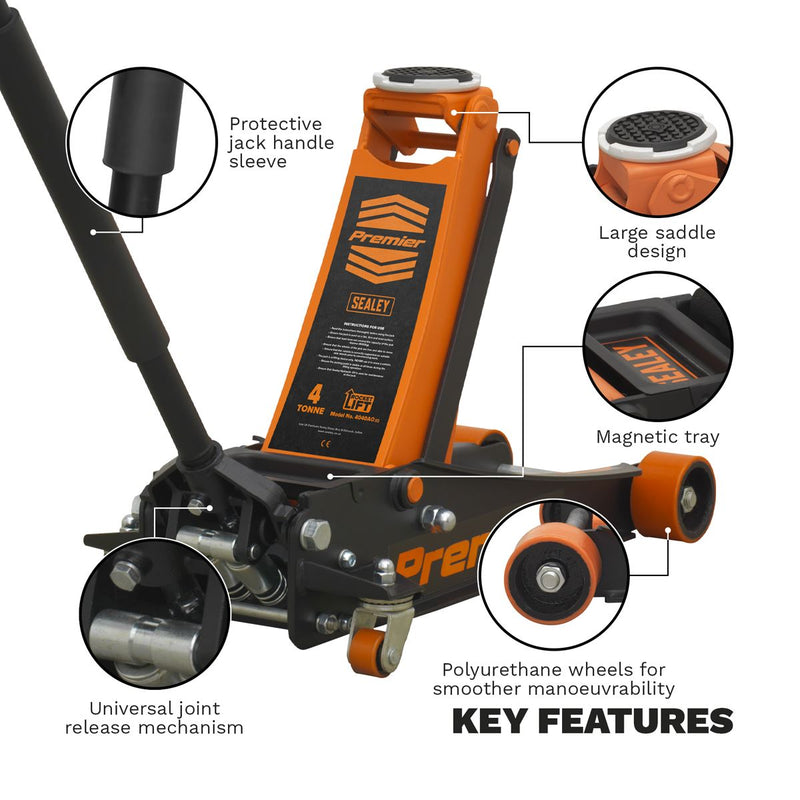 Premier Low Profile Trolley Jack with Rocket Lift 4 Tonne - Orange Sealey Premier - Dynamic Drive