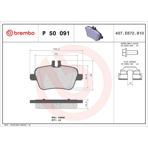 Brembo 4 x Rear Brake Pad Set fits Mercedes-Benz A-Class 2012-2018