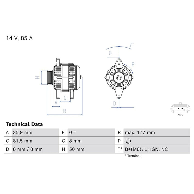 Bosch Car Alternator 12V fits Chevrolet Aveo / Kalos 2003-2013 1.2 1.4