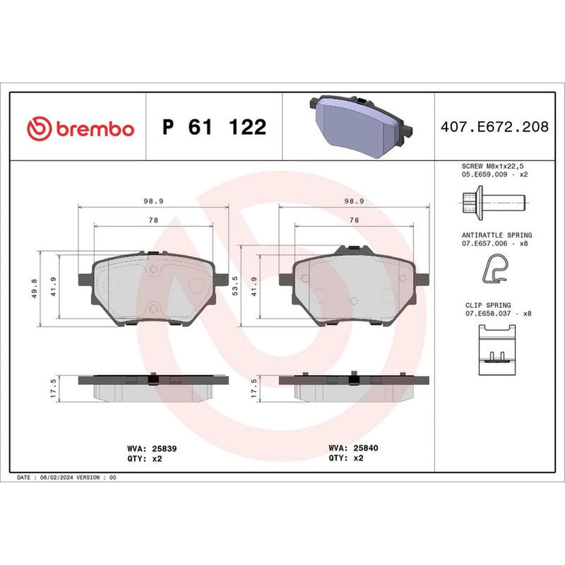 Brembo 4 x Rear Brake Pad Set fits Abarth 600E 2024 on