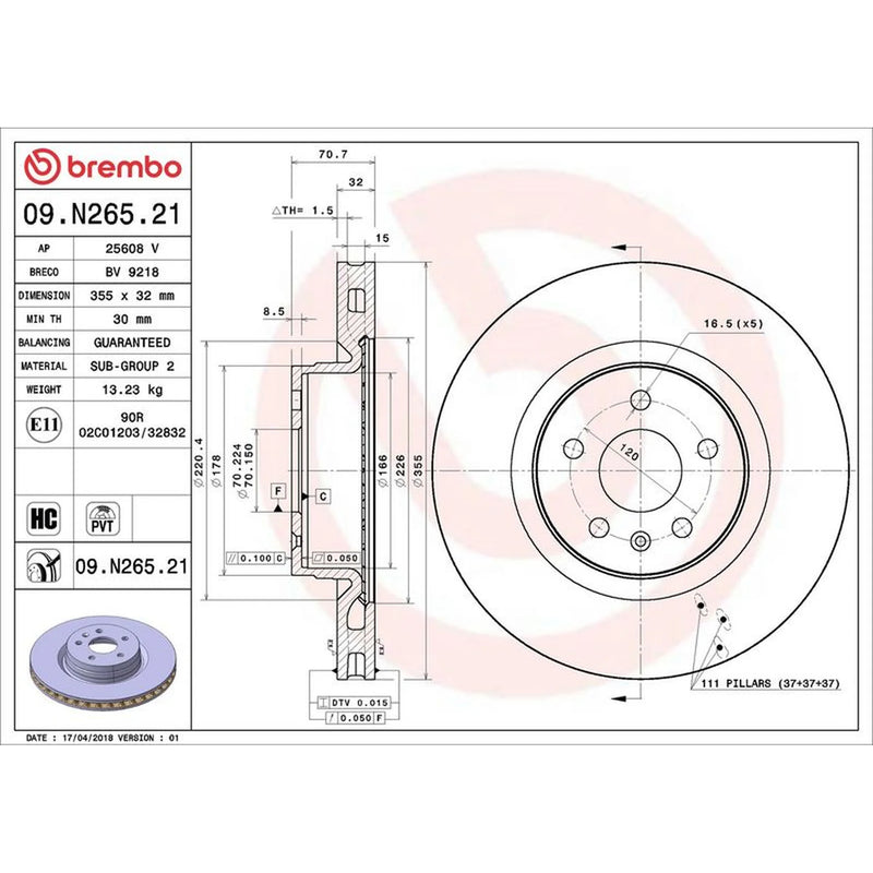 Brembo 2 x Internally Vented Front Brake Discs 09.N265.21-x2