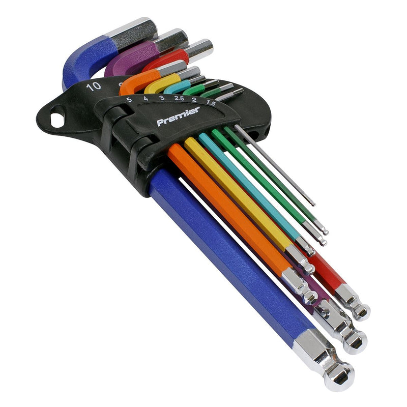Premier Long Colour-Coded Ball-End Hex Key Set 9pc - Display Box of 10 Sealey Premier - Dynamic Drive