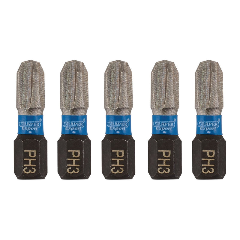 Draper Expert Cross Slot/PH Type Impact Screwdriver Bits, No.3 x 25mm, 1/4" Hex Draper - Dynamic Drive