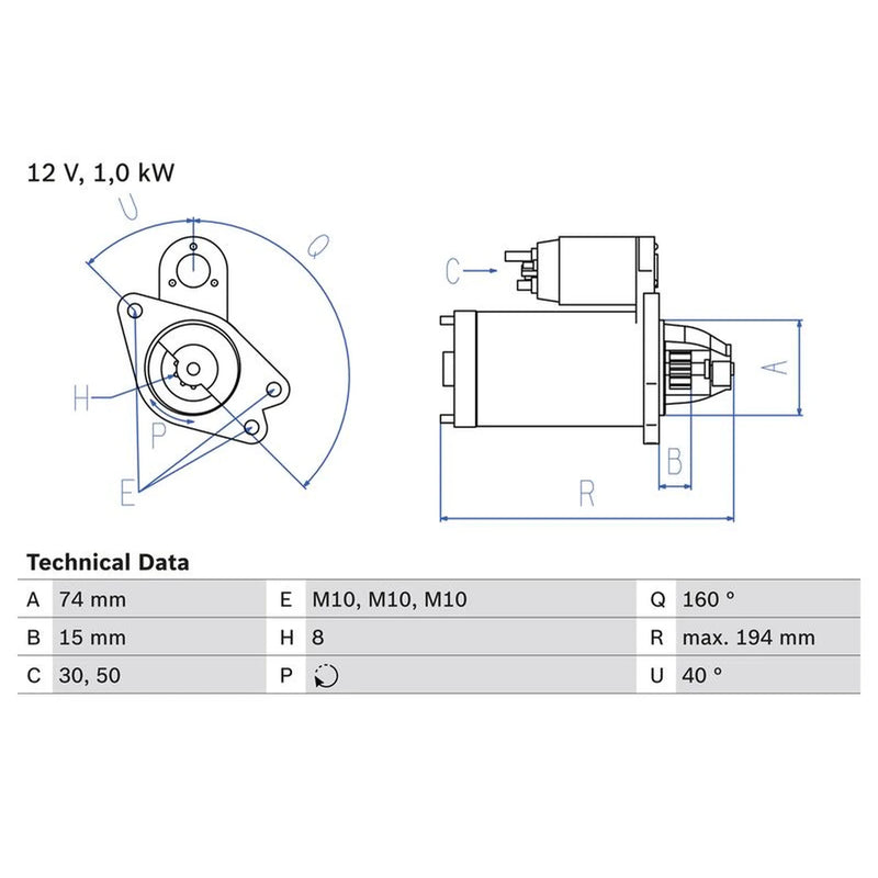 Bosch Starter Motor 12V 1kW 8 Teeth fits Mazda 3 2003-2009 1.3 1.6 2.0