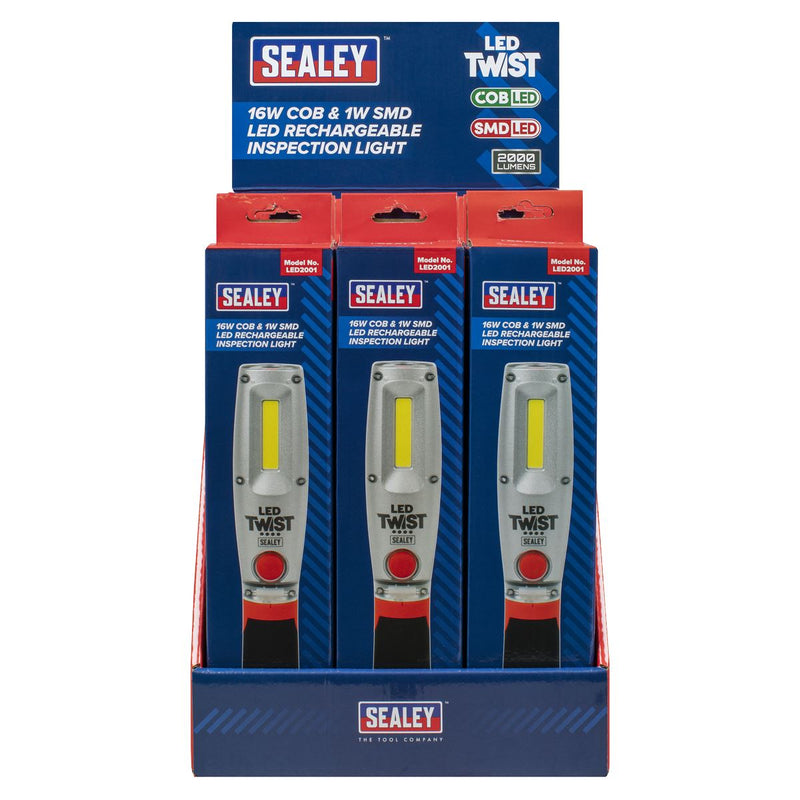 LED Twist Rechargeable Inspection Light 16W COB & 1W SMD - Display Box of 12 Sealey - Dynamic Drive