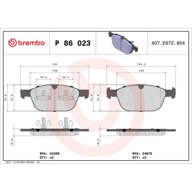 Brembo 4 x Front Brake Pad Set fits Volvo XC60 I 2013-2017