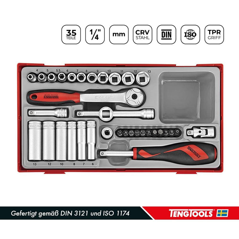 Teng Tools 1/4" Socket Set 6 pt TT1 35 Pieces Teng Tools - Dynamic Drive