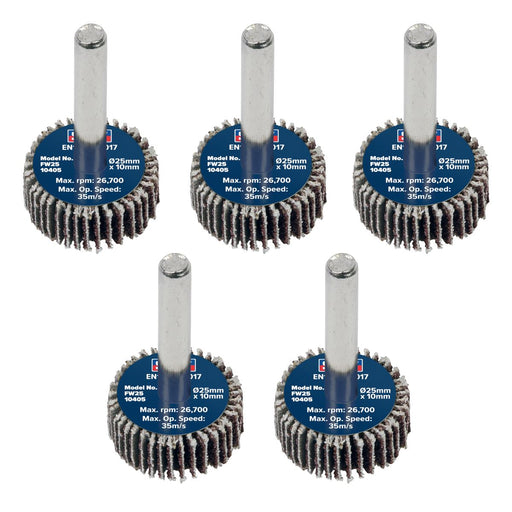 Sealey 25 x 10mm Abrasive Flap Wheel on 6mm Shaft 40Grit - Pack of 5 FW2510405 Sealey - Dynamic Drive