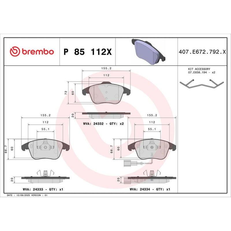 Brembo 4 x Front Brake Pad Set fits Audi Q3 2011-2018 1.4 2.0 2.5