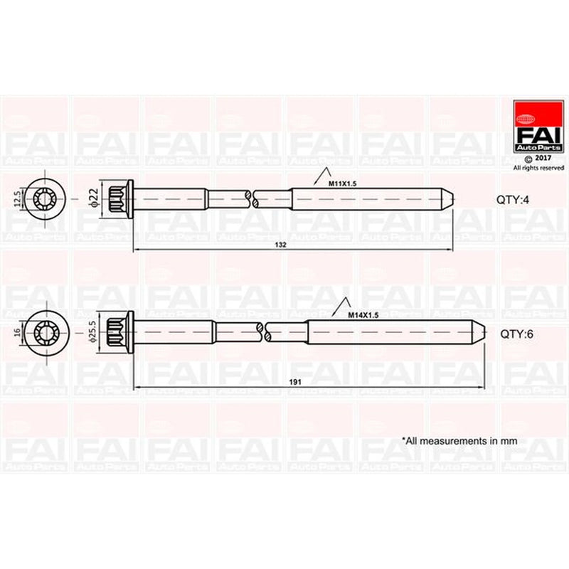 FAI Cylinder Head Bolt Set M14/M11 fits Fiat Ducato 2001-2006 2.3