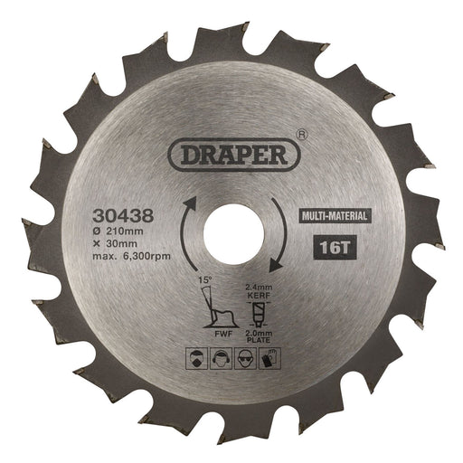 Draper TCT Multi-Purpose Circular Saw Blade, 210 x 30mm, 16T 30438 Draper - Dynamic Drive