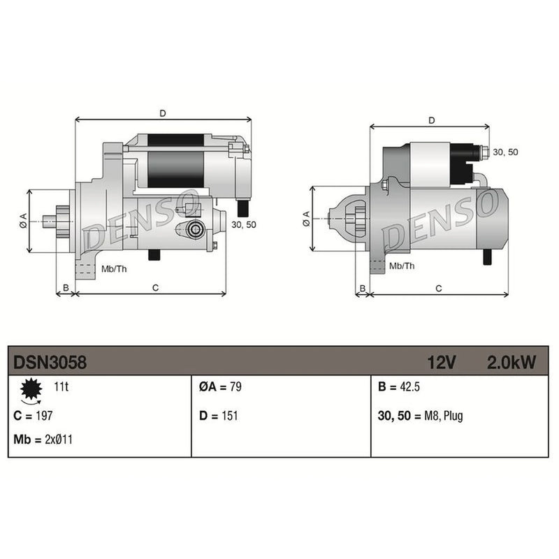 Denso Starter Motor 12V 2kW 11 Teeth fits Audi A3 2008-2020 2.0