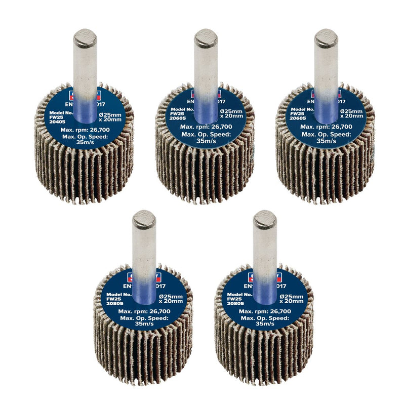 Sealey 25 x 20mm Abrasive Flap Wheel on 6mm Shaft Assorted Grit - Pack of 5 Sealey - Dynamic Drive