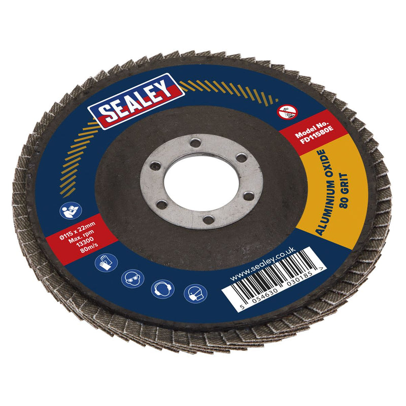 Sealey 115mm Aluminium Oxide Flap Discs 80Grit 22mm Bore - Pack of 10 FD11580E10 Sealey - Dynamic Drive