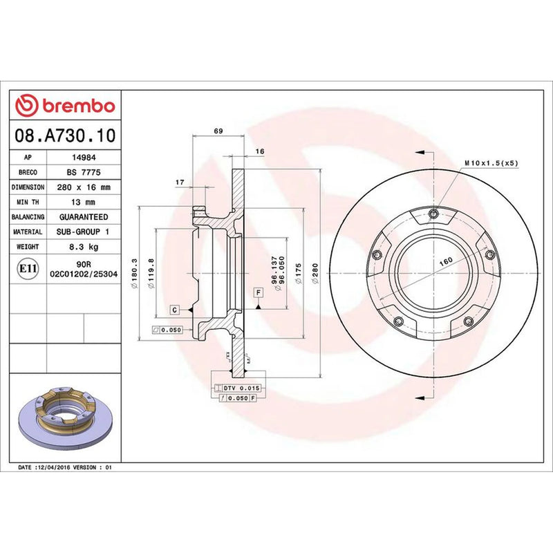 Brembo 2 x Solid Rear Brake Discs 08.A730.10-x2