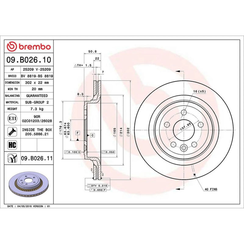 Brembo 2 x Internally Vented Rear Brake Discs 09.B026.11-x2