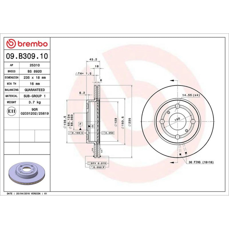 Brembo 2 x Internally Vented Brake Discs fits Toyota Yaris 1999-2005 1.0 1.3 1.4