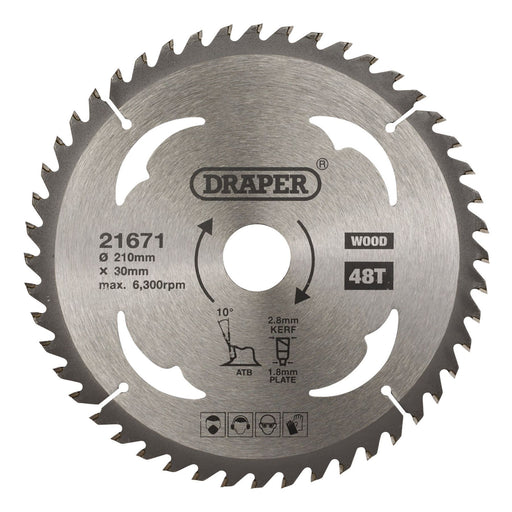 Draper TCT Circular Saw Blade for Wood, 210 x 30mm, 48T 21671 Draper - Dynamic Drive