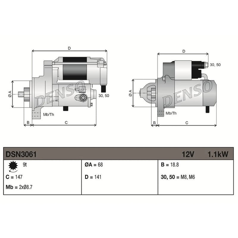 Denso Starter Motor 12V 1.1kW 9 Teeth fits Opel Adam 2012-2019 1.2 1.4
