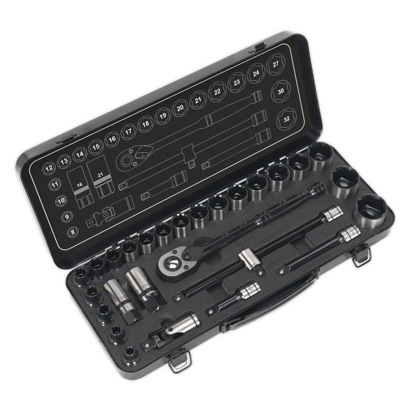 Sealey Socket Set 28pc 1/2"Sq Drive 6pt WallDrive Metric Black Series AK7972 Sealey - Dynamic Drive