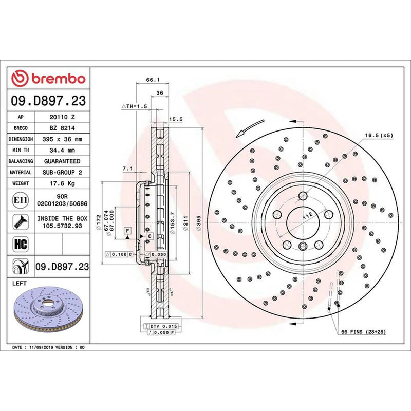 Brembo Front Brake Aluminium Brake Disc Hub Discs & Pads fits BMW 5 2016-2023
