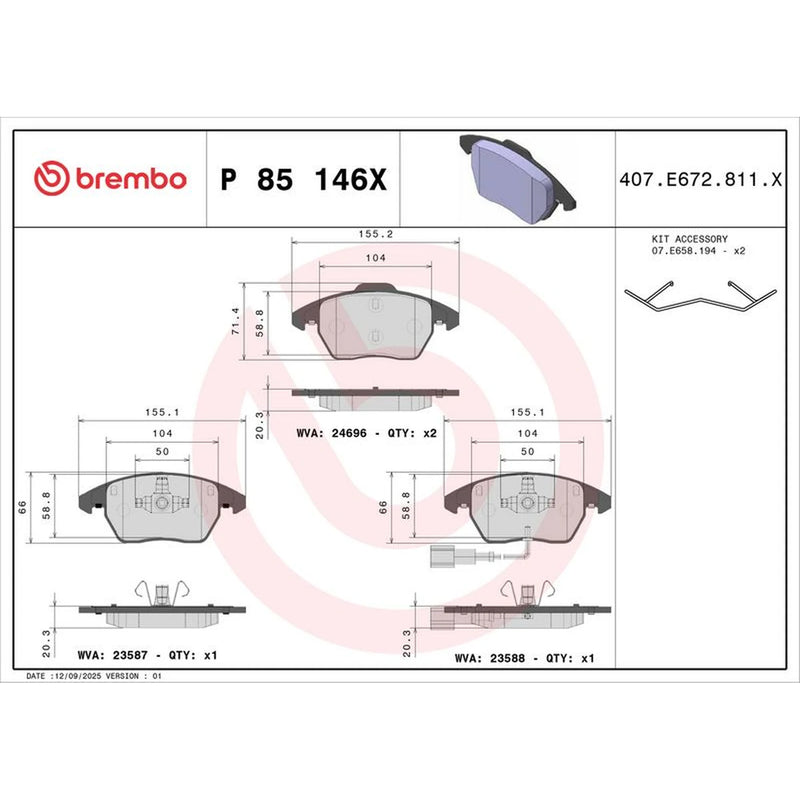 Brembo 4 x Front Brake Pad Set fits Audi A1 2010-2018 1.2 1.4 1.6 2.0
