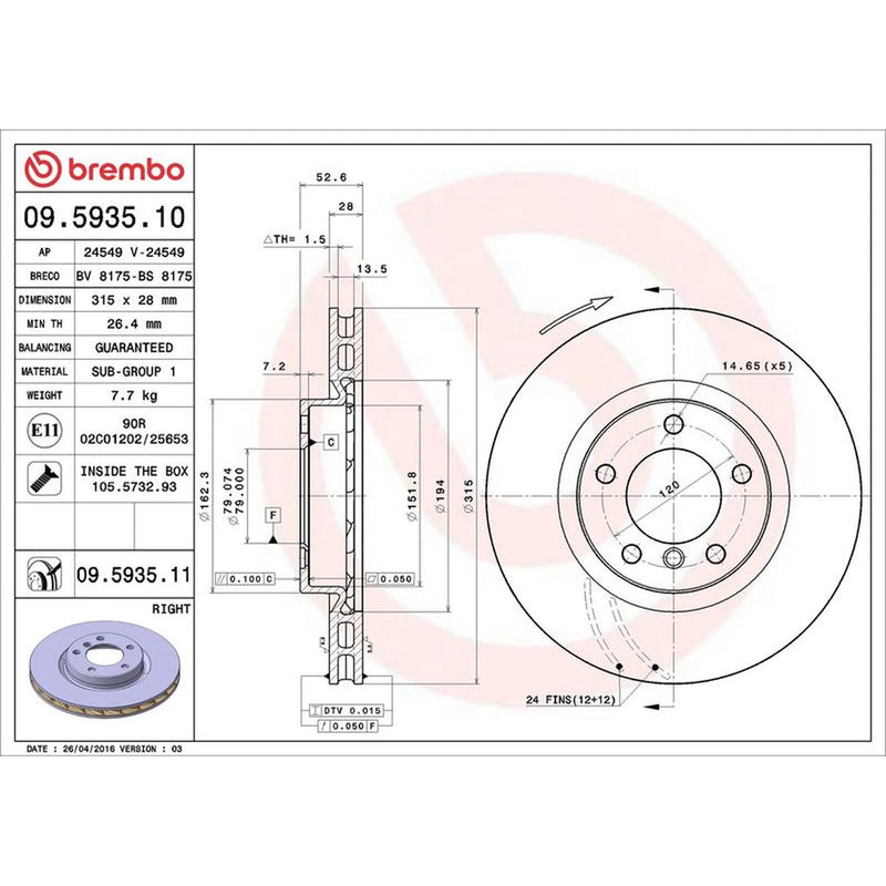 Brembo 2 x Front Internally Vented Brake Discs 09.5934.11