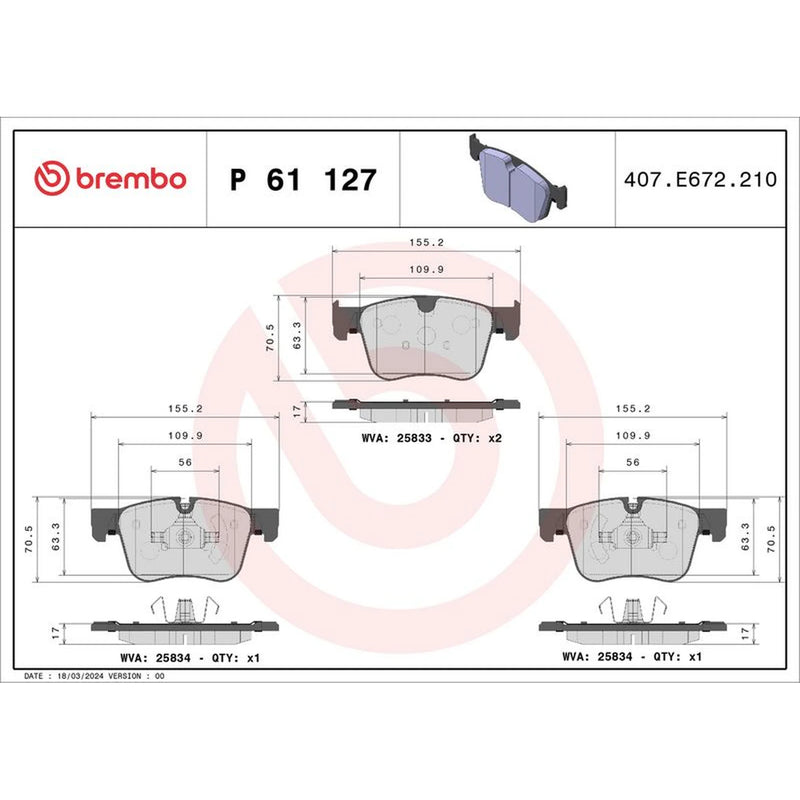 Brembo 4 x Front Brake Pad Set fits Citroën C4 Grand Picasso II 2013-2018