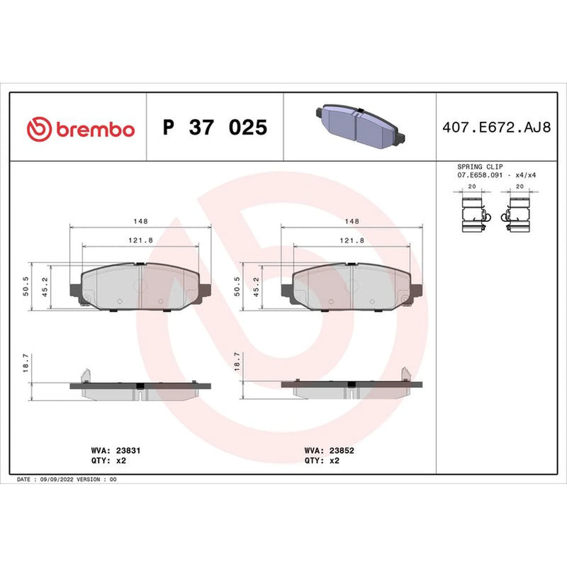 Brembo 4 x Rear Brake Pad Set fits Jeep Wrangler IV 2017 on 2.0 2.2
