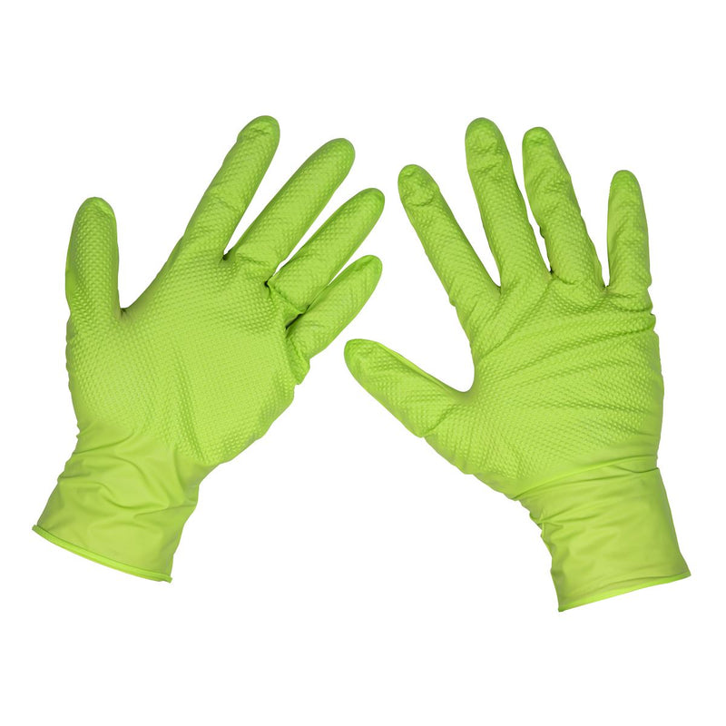 Diamond Grip Extra-Thick Nitrile Powder-Free Gloves Hi-Vis Green Large Pack 50 Sealey - Dynamic Drive