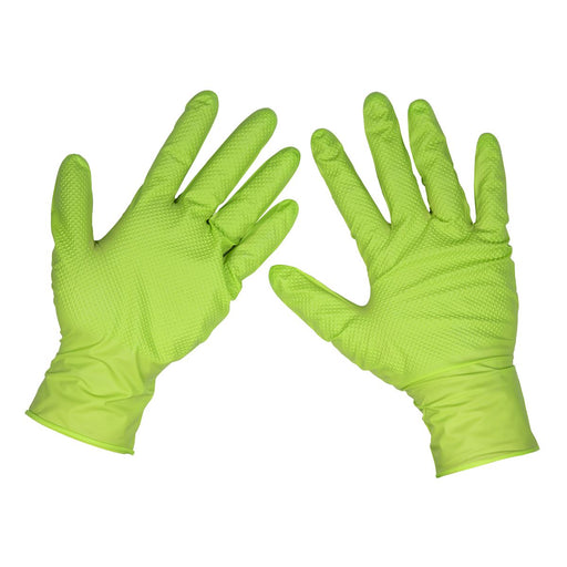 Diamond Grip Extra-Thick Nitrile Powder-Free Gloves Hi-Vis Green Large Pack 50 Sealey - Dynamic Drive