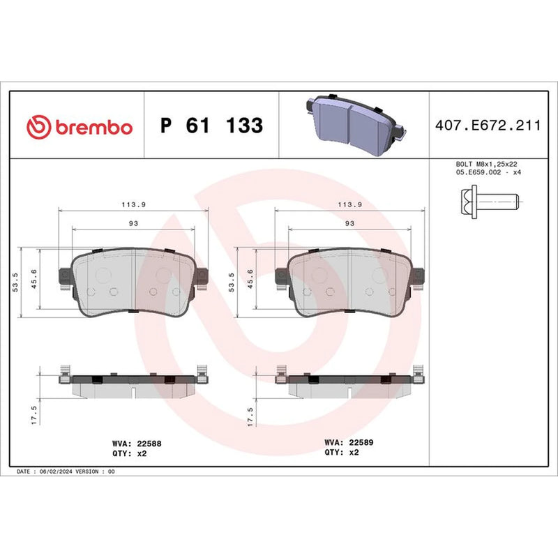 Brembo 4 x Rear Brake Pad Set fits Citroën Dispatch III 2016-2025 1.5 1.6 2.0