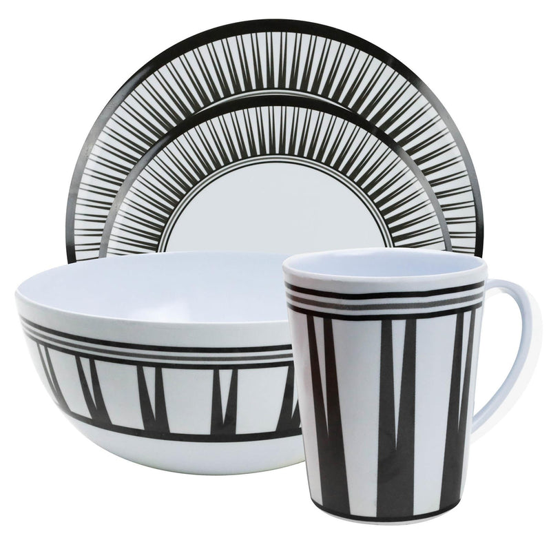 Camping Caravan Picnic Fishing Travel Melamine 16pc Dining Dinner Set - Stripe 7 Leisurewize - Dynamic Drive